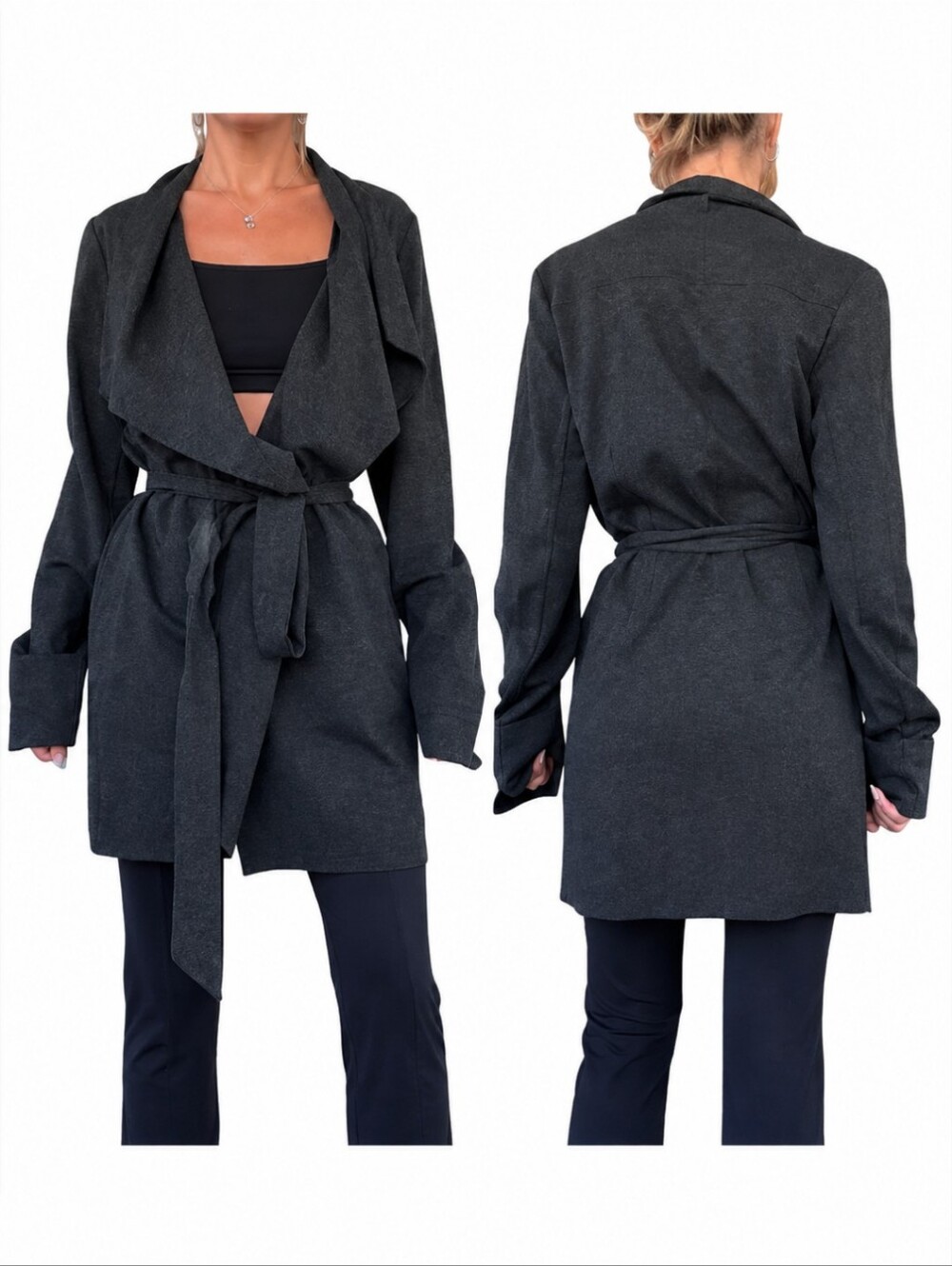 Cabi Dark Gray Draped Belted Knit Minimalist Trench Coat Take Charge #956 Sz M